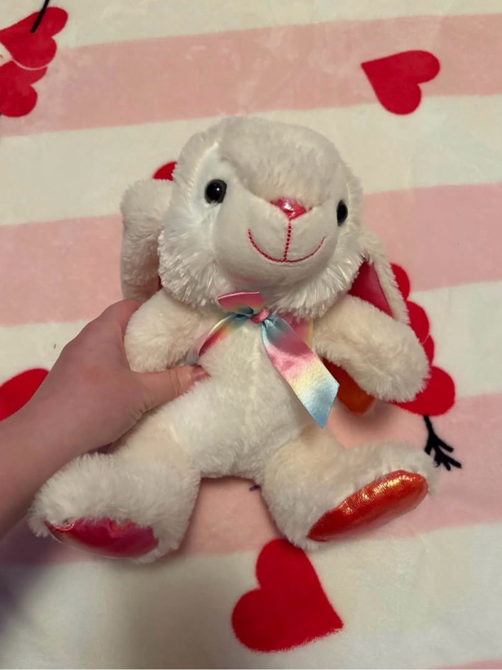 Plush White Bunny with Rainbow Ribbon - Soft Kids Toy